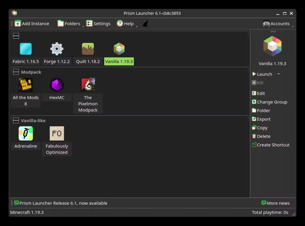 Prism Launcher main window with Fabric, Forge, Quilt, Vanilla and grouped modpack instances