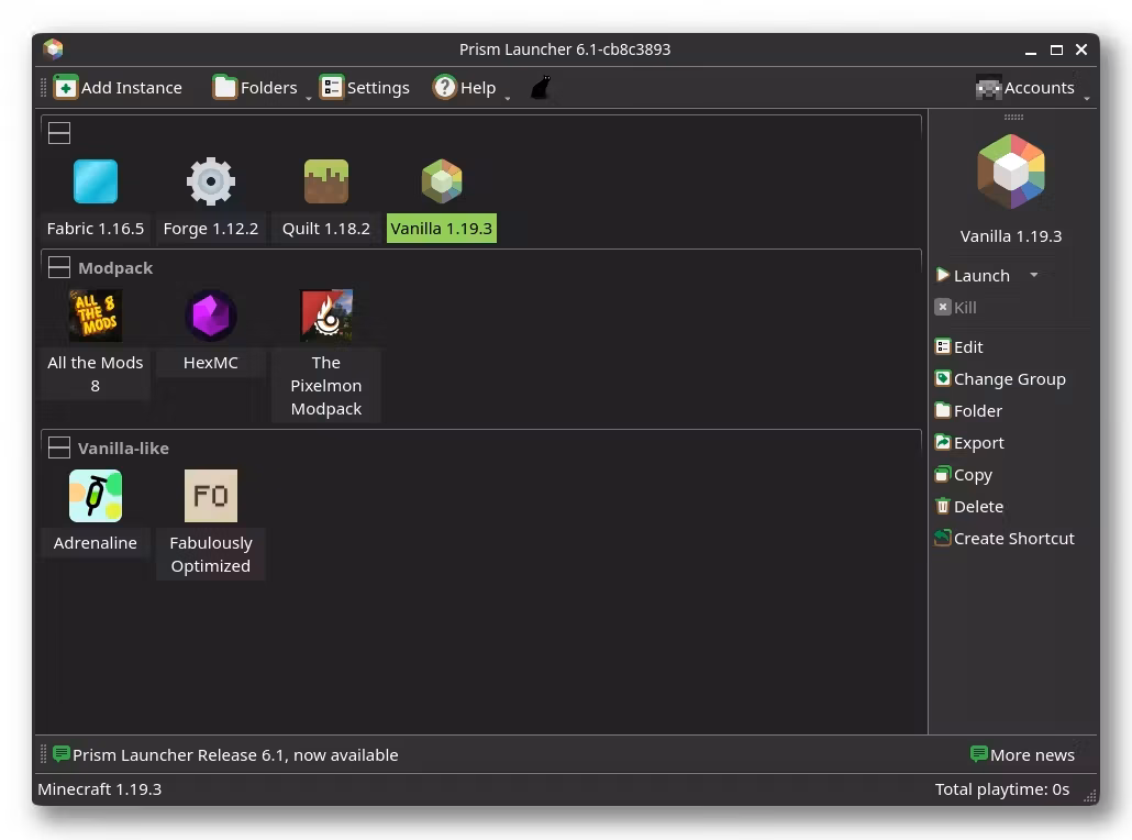 Prism Launcher instance list showing launch status beside stone-framed controls