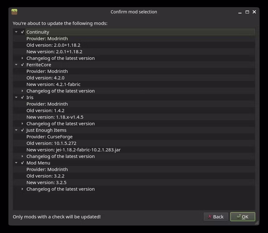 Confirming a queue of CurseForge and Modrinth mod updates